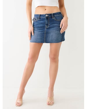 Sadie Single Needle Flap Mini Skirt in Dark Humid Wash