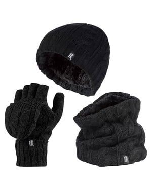 Heat Holders - Womens Thermal Winter Fleece Hat, Neck Warmer and Converter Gloves set - Black
