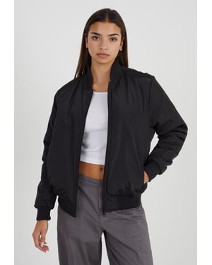 Black 'Brazil' Ruched Sleeve Oversized Bomber Jacket