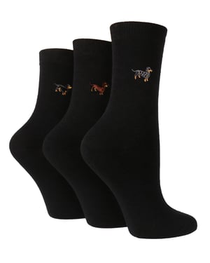 Wild Feet - 3 Pack Ladies Embroidered Animal Design Cotton Rich Socks