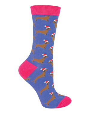 Miss Sparrow - Ladies Christmas Socks | Sausage Dog Socks - Santa Dog (Denim)