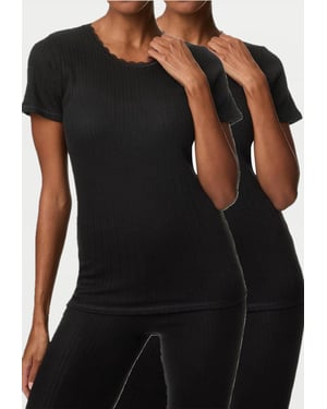 Womens 2 Pack Thermal Pointelle Short Sleeve Tops in Black