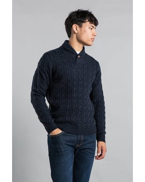 Navy Shawl Neck Cable Knit Jumper