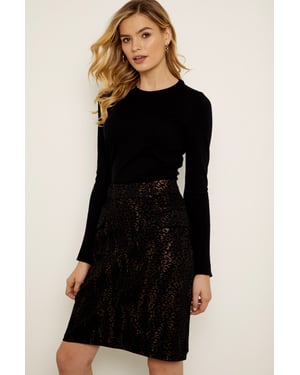 Black Metallic Leopard Print Pocket Detail Skirt