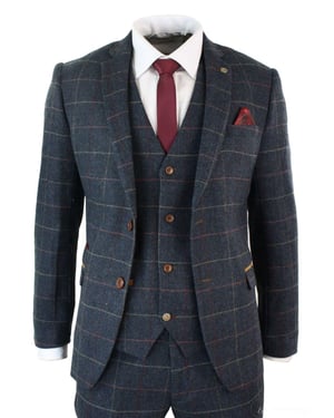 Heren 3-delig marineblauw visgraat geruit vintage pak