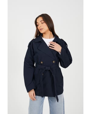 Navy Double Breasted Short Mac With Self Tie Belt