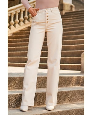 Ecru Button Front Wide Leg Jeans