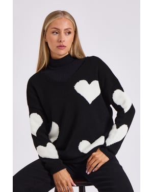 Svart V-ringad Oversized Heart Knit Jumper