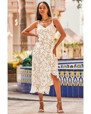 Ivory & Gold Chain Print Ruffle Hem Midi Skirt