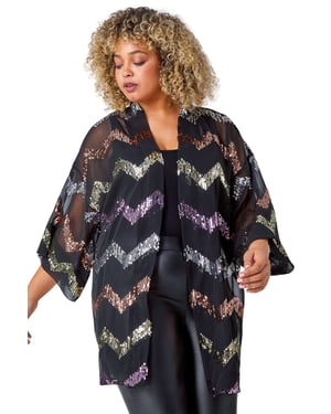 Curve 3/4 Sleeve Sequin Zig Zag Kimono