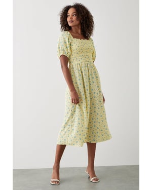 Yellow Ditsy Floral Shirred Midi Dress