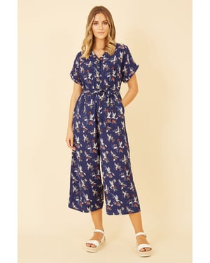Navy Crane Print Culotte Jumpsuit