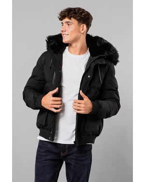 Black Short Padded Parka Jacket With Faux Fur Hood