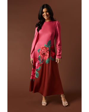 Premium Satin Placement Print Button Detail Maxi Dress