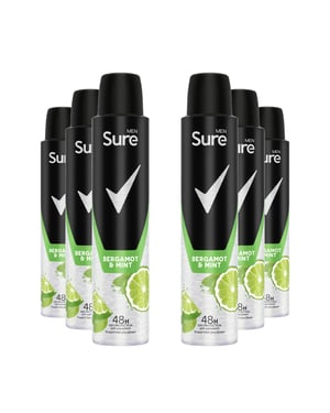 Sure Men Deodorant Spray Bergamot & Mint with 48Hrs Protection 200ml, 6 Pack