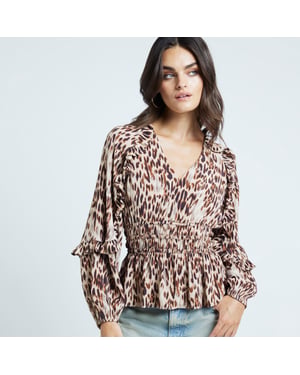 River Island Womens Blouse Beige Leopard Print Frill