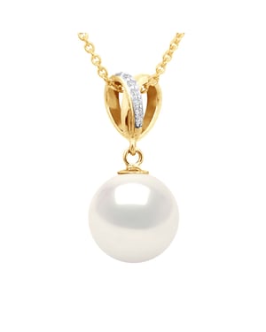 Hänge Dubbelknut - Diamanter 0,03 Cts - Gult guld - Äkta odlad sötvattenspärla rund 10-11 mm