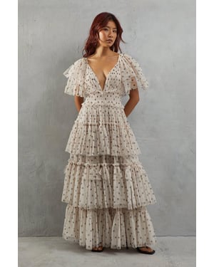 Tulle Spot Plunge Neck Flutter Sleeve Tier Maxi Dress
