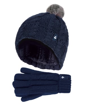 Heat Holders - Set med mössa och handskar i Bobble Pom Pom för flickor | Mössa med vändbar manschett och kabelstickade handskar - Marin