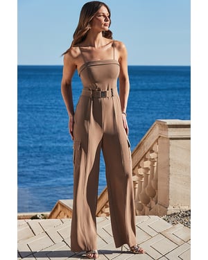 Camel Belted Utility Bandeau Jumpsuit