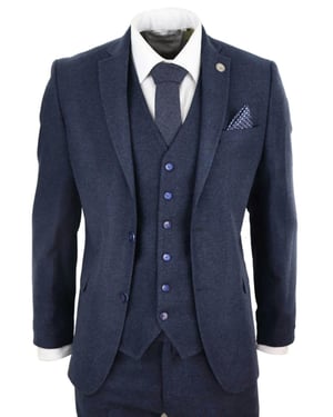 Heren 3-delig marineblauw wollen tweed vintage retro pak