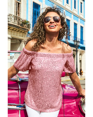 Pink Sequin Bardot Short Sleeve Top