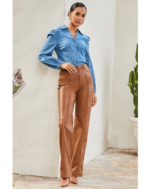 Tan Leather Button Front Wide Leg Trousers