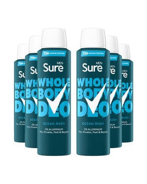 Sure Men Whole Body Deodorant Spray Ocean Rush w/ 72H Odour Control 150ml, 6pk