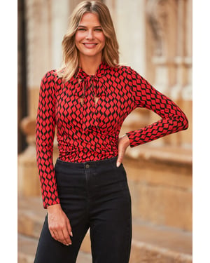 Red & Black Geometric Print Tie Neck Faux Wrap Top