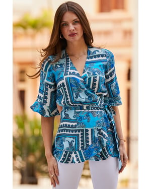 Blue Scarf Print Ruffle Detail Wrap Top