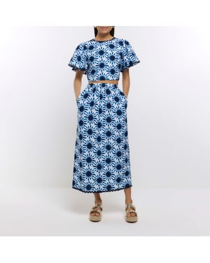 River Island Womens Maxi Skirt Blue Print With Linen