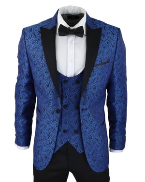 Herr Blå Smoking Blazer Väst Brokad Svart Satin Paisley Middagskavaj