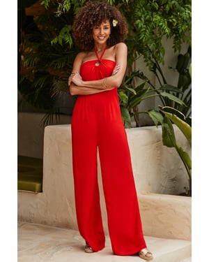 Red Ring Detail Halter Neck Jumpsuit