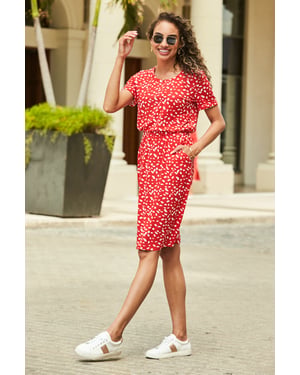 Red & White Fleck Print Stretch Waist T-Shirt Dress