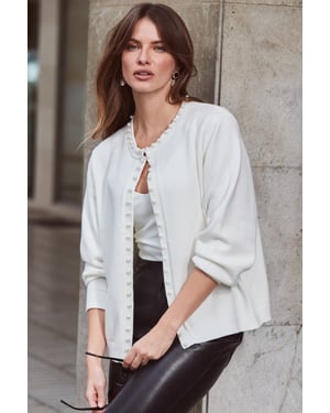 Ivory Pearl Embellished Trim Cardigan