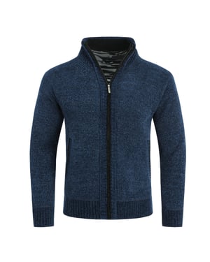 Herrkofta med dragkedja och uppstående krage, fodrad tjock stickad pullover Marinblå