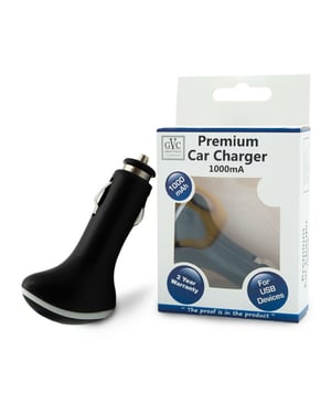 GVC Premium Car Charger 1000mah for USB Devices - Black