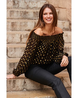 Black & Gold Metallic Spot Bardot Top
