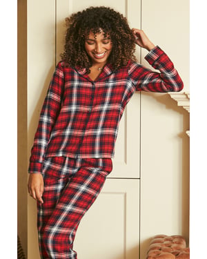 Red Check Brushed Cotton Button Front Pyjama Top