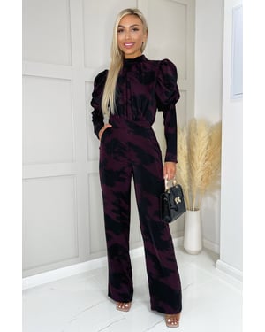 Wine Printed High Neck Puff Sleeve Jumpsuit