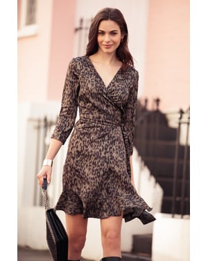 Khaki Leopard Print Wrap Dress