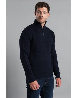 Dark Navy Waffle Knit Jumper With 1/4 Zip Funnel Neck