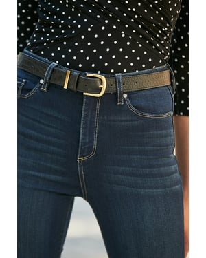 Black Croc Leather Waist Belt With Gold Trim