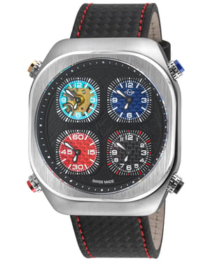 GV2 Men's Quattro Zone, SS Case, Black dial, 4 time zone, sub dial, Black w/Blue & Red Stitching Handmade Italian Leather Strap