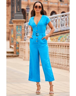 Sky Blue Linen Belted Culotte Jumpsuit