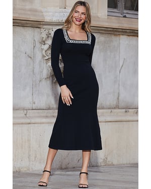 Black Embellished Trim Knitted Midi Dress