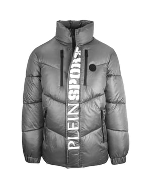 Plein Sport Bold Vertical Logo Shiny Padded Grey Jacket