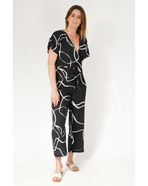 Summer Print Tie Waist Short Sleeve Jumpsuit