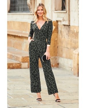 Khaki Green Animal Print Wrap Front Wide Leg Jumpsuit With Pockets
