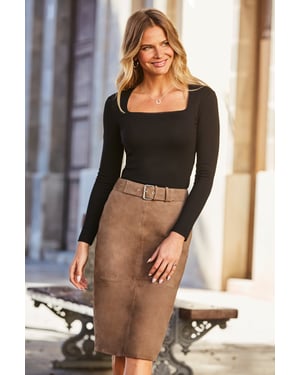Taupe Suede Buckle Detail Pencil Skirt